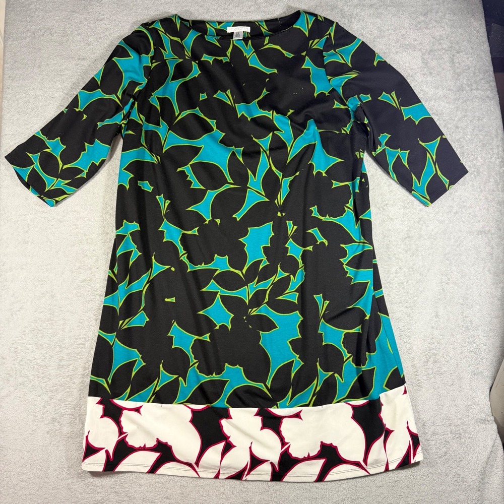 London Times Dress Women 22W Black Teal Floral Leaf Print 3/4 Sleeve Shift